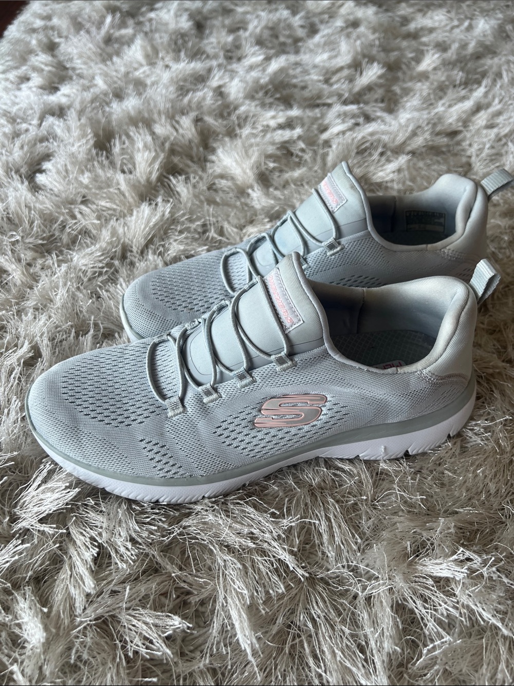 Skechers Womans 9 Light Gray Slip-On Athletic Sneakers with Pink Logo Accents - Picture 7 of 11